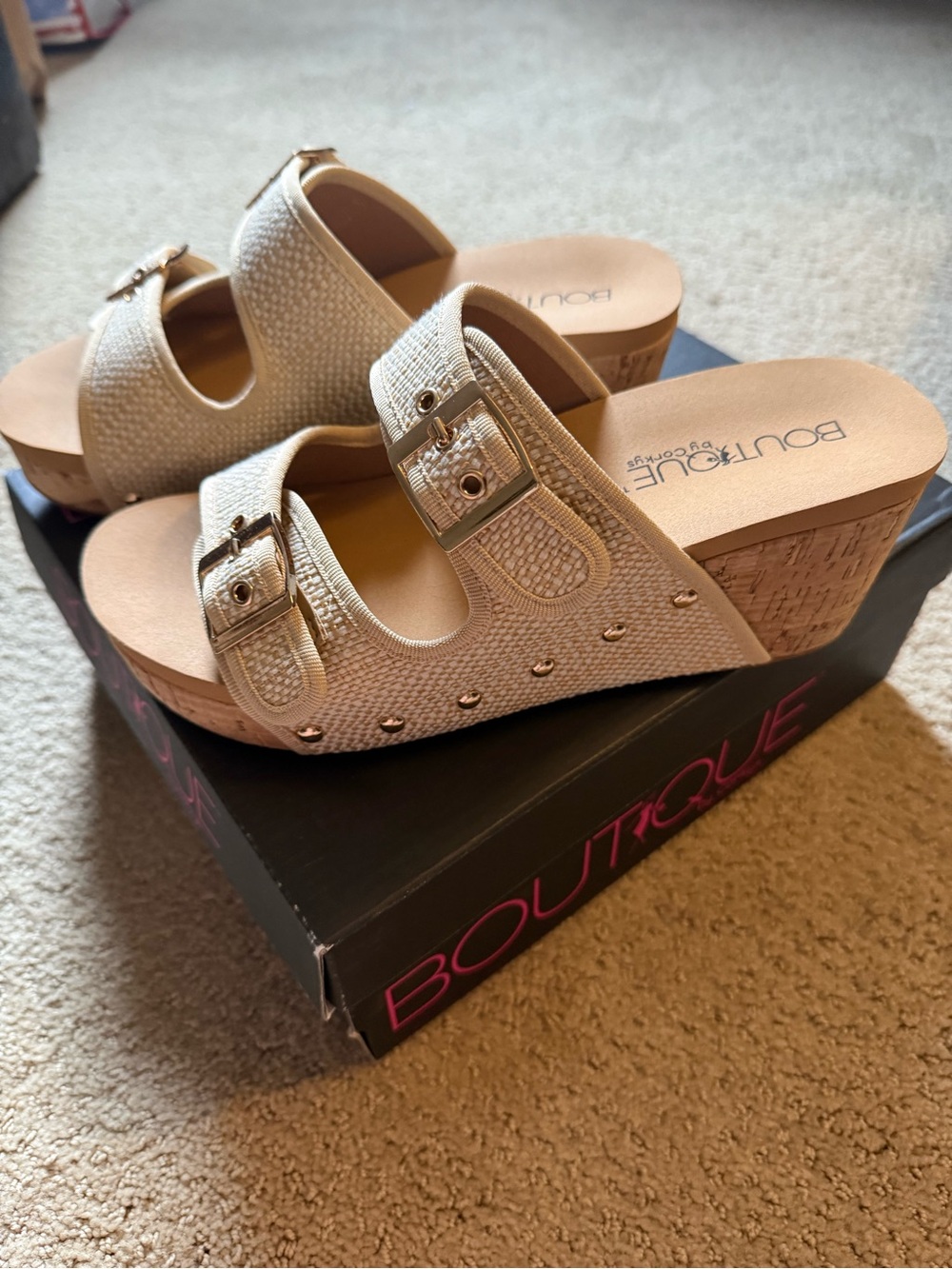 Cream Textured Wedge Sandal with Double Buckles